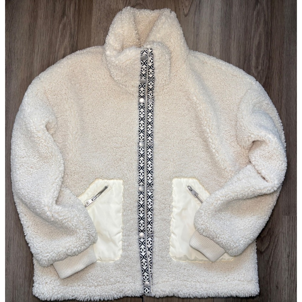 Levis Sherpa Fleece Jacket Cream Off White Geometric Trim Zip‎ Up Womens Small